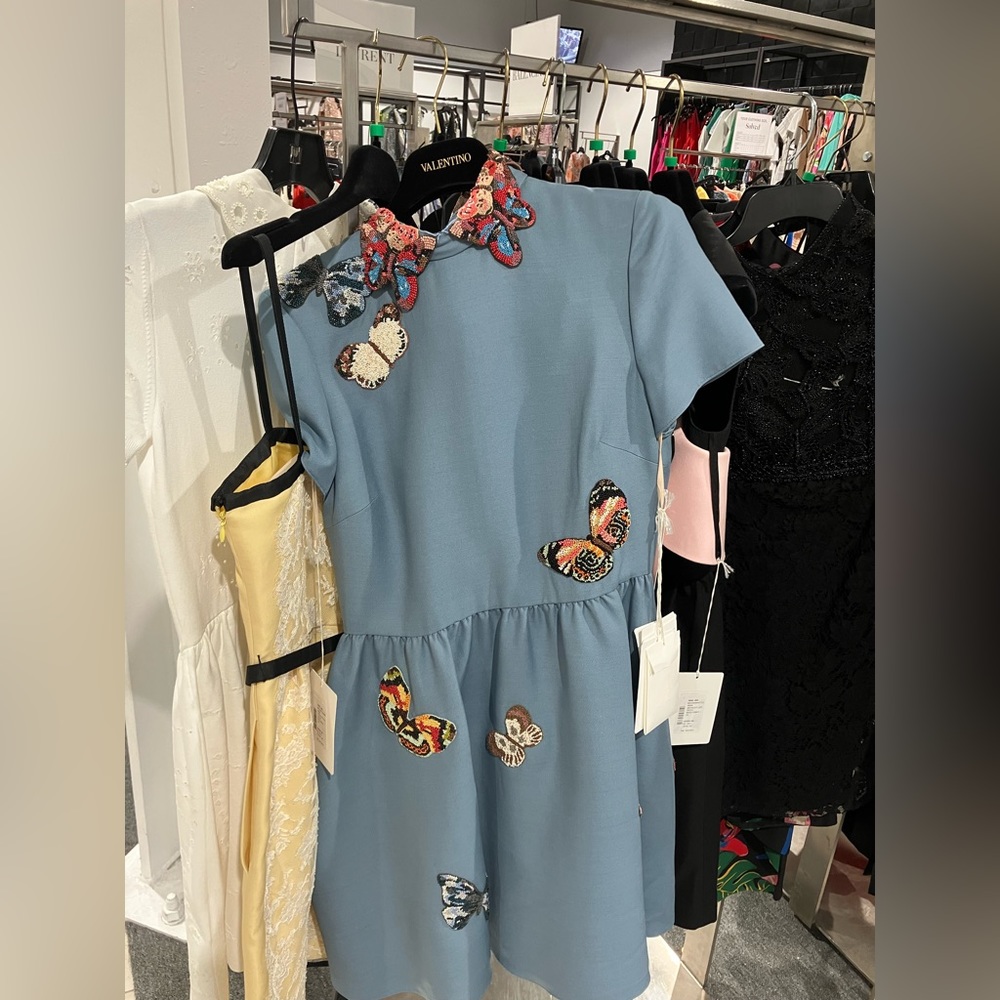 ISO**** BLUE VALENTINO BEADED BUTTERFLY DRESS IN SIZE SMALL